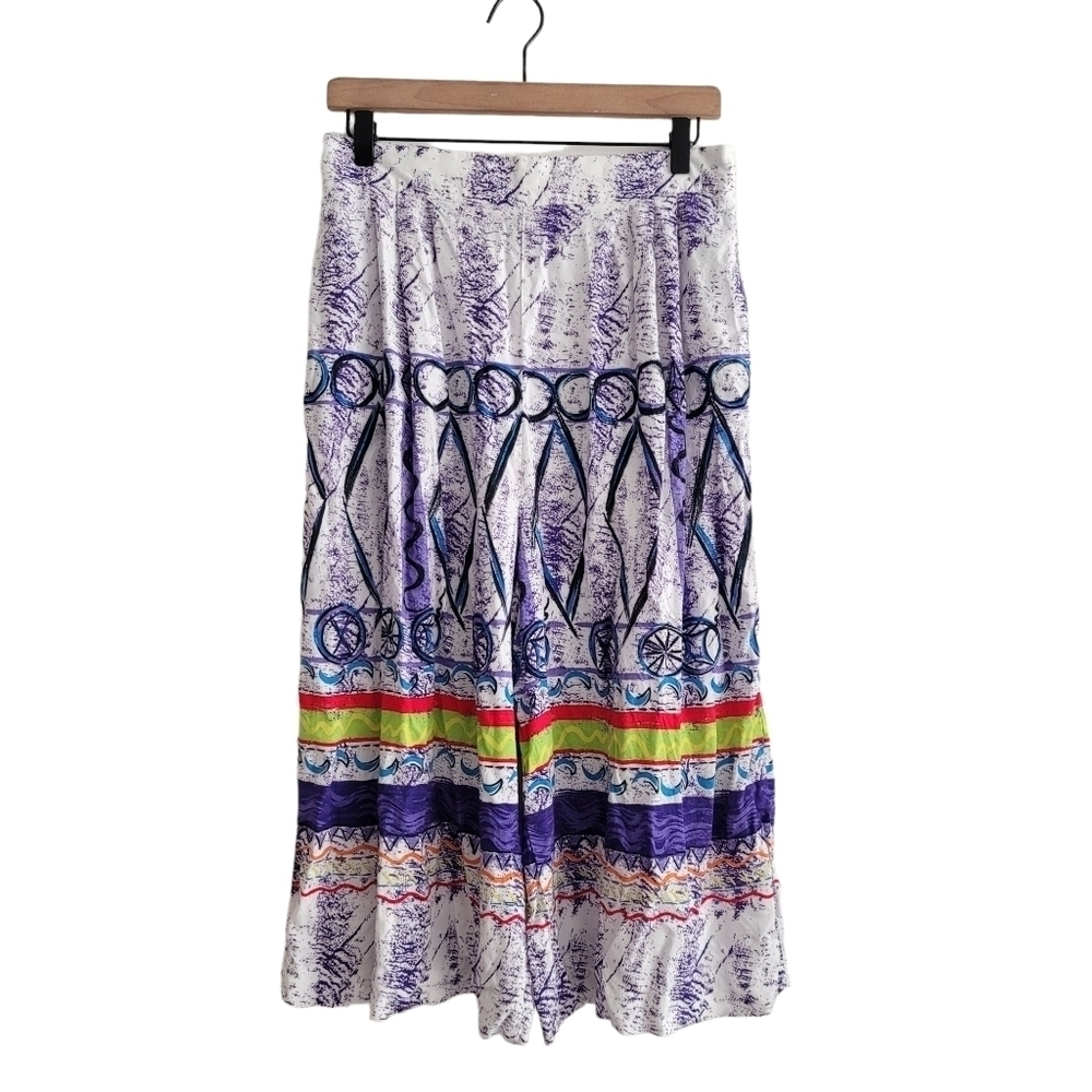 VTG Ali Miles Sz L Bold Geometric Pull On Wide Leg Cropped Pants Tribal Tropical